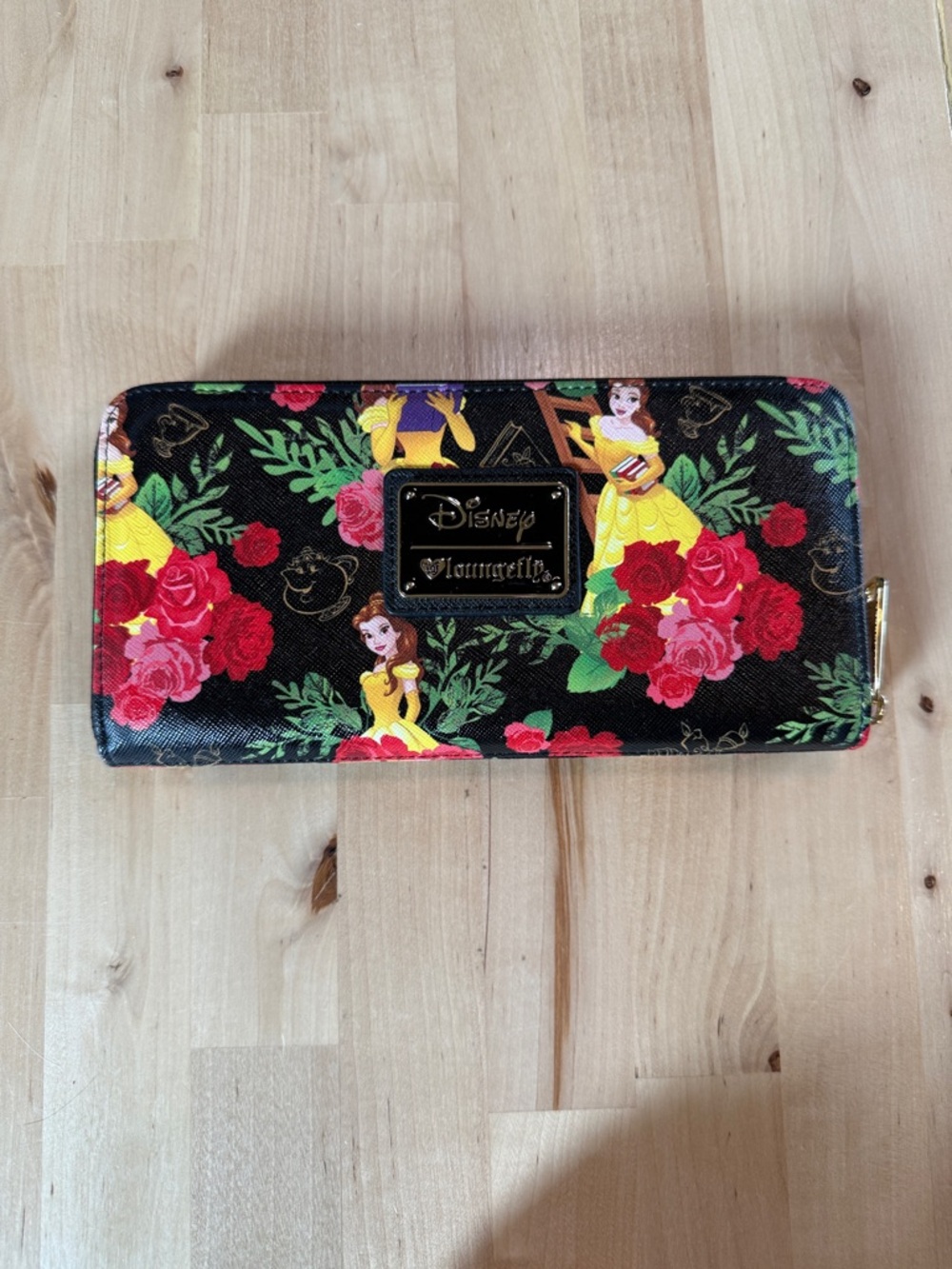Loungefly Disney Belle Floral Zip Wallet - Black with Red, Yellow & Green
